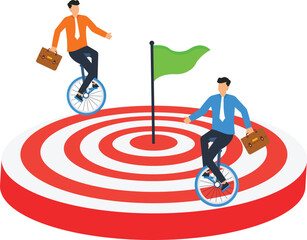 Businessmen riding unicycles aiming target goal achievement competitive challenge corporate strategy financial success precise aiming difficult task skilled balancing green flag © Mr Fikh 