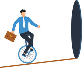 Business person riding unicycle tightrope walking toward unknown destination holding briefcase. Financial risk career challenge professional balance corporate journey future opportunity. © Mr Fikh 