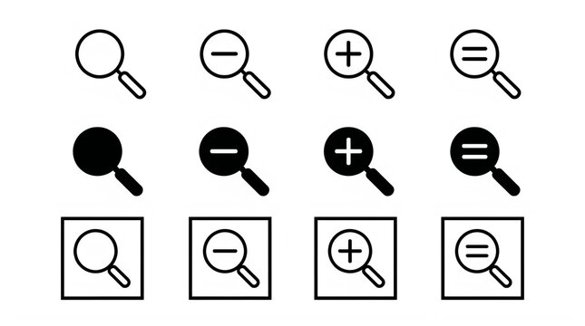 Magnifying glass icon set, zoom in and zoom out symbols, search and inspect signs, edit functions collection, black and white vector logos