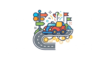 Naklejka premium Playful Car Driving on Curved Road with Directional Signs and Celebration