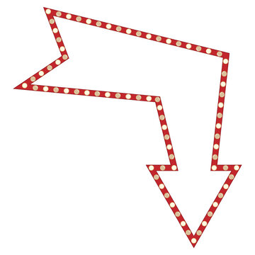 Red retro arrow sign board bulb frame with glowing light bulbs 