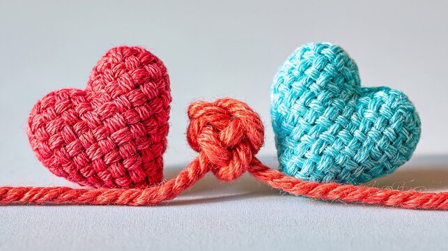 Two knitted hearts connected by a red rope knot symbolizing a strong bond
