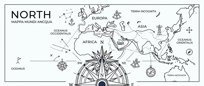 Vintage World Map with Compass Rose and Nautical Elements