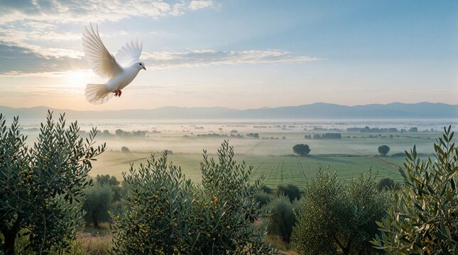 White Dove Flying Over Peaceful Landscape at Sunrise