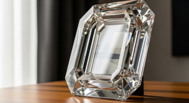 A clear, ornate glass picture frame on a wooden surface.