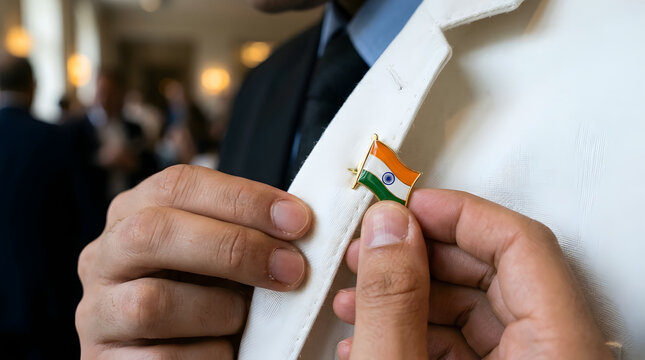 A close-up shot of an Indian flag lapel pin on a dark blue blazer