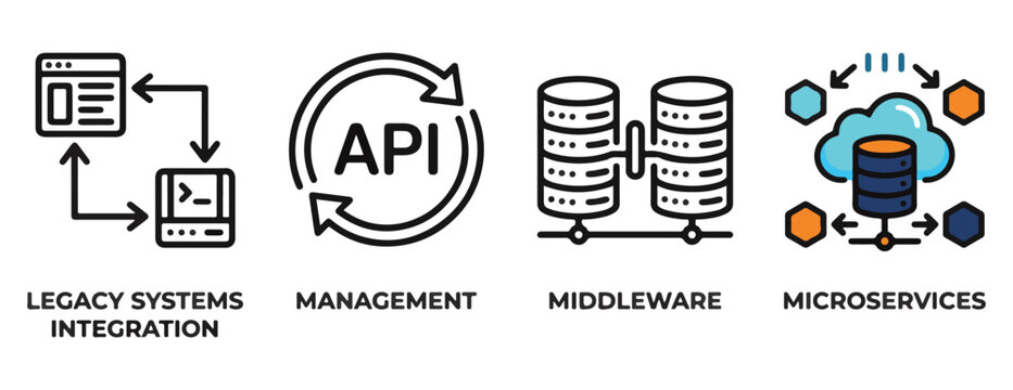 Cloud computing and software architecture vector illustration featuring api management middleware and microservices icons.