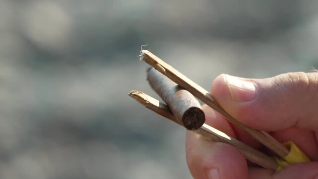 Hand holding lit joint in wooden roach clip outdoors, releasing wisps of smoke. Static macro shot.