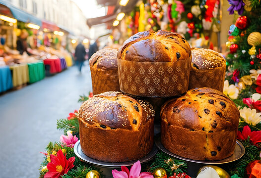 Christmas holiday tradition and festive food, panettone sweet bread cakes displayed at a winter market stall with seasonal decorations and ornaments