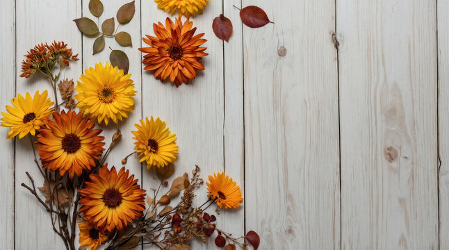 Vintage bouquet of dried flowers and autumn leaves