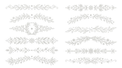 Fototapeta premium Decorative floral border designs with leaves and stars in light gray line