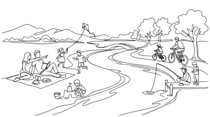 Fototapeta premium Family Fun Outdoor Activities, Picnic, Cycling, Fishing, Kite Flying, Line Art