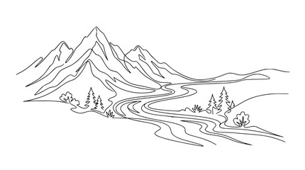 Fototapeta premium Minimalist mountain range with winding river and trees, continuous line art