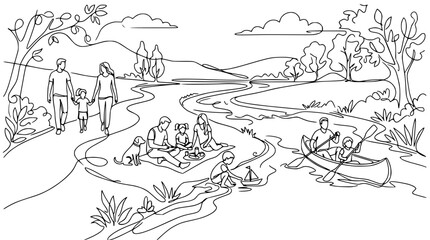 Fototapeta premium Family Outdoor Recreation: Picnic, Kayaking, Walking by River Landscape