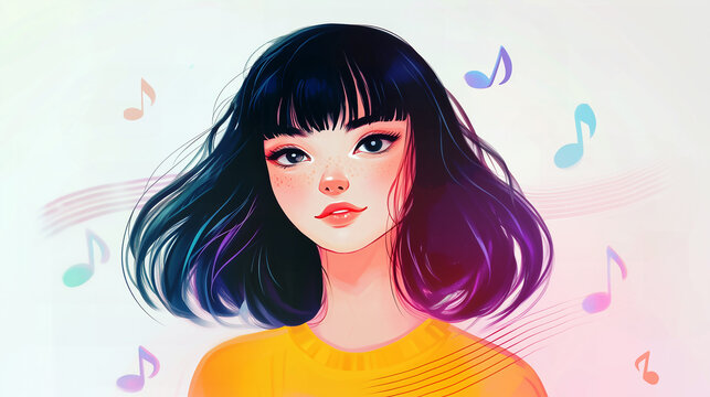 A cute girl with black hair and bangs, music notes around her head, flat illustration style, simple design, colorful, white background 