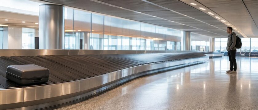 A traveler stands patiently at the baggage claim area of the airport, eagerly awaiting the arrival of their suitcase after a long flight