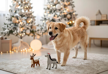 Fototapeta premium Christmas pet joy, happy golden retriever dog playing with toy reindeer and zebra in cozy living room with glowing holiday tree and festive lights