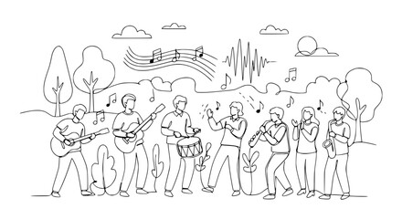 Fototapeta premium Outdoor Band Playing Music: Diverse Musicians Performing Together