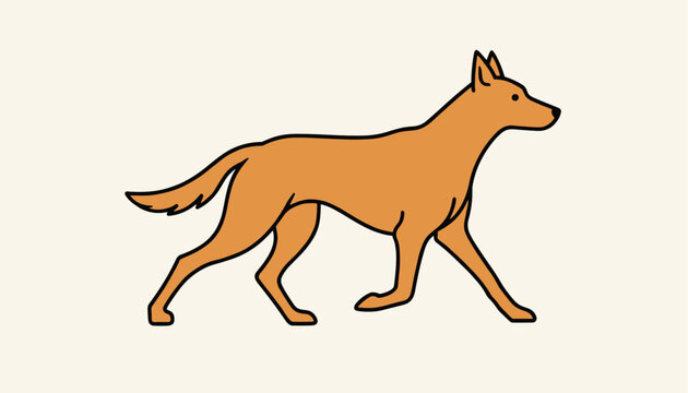 Simple illustration of a slender brown dingo or shepherd dog walking forward calmly against a plain light beige background.