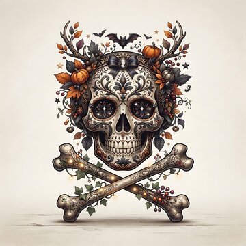 An ornate decorative sugar skull with crossed bones adorned with intricate floral patterns, antlers, autumn leaves, berries, tiny pumpkins, bats, and a dark ribbon bow on a soft vintage background