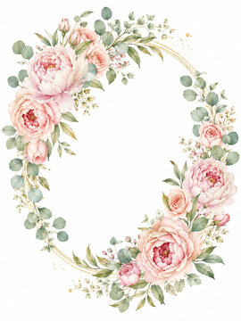 watercolor pink peony floral wreath with Eucalyptus and gold ring fir wedding invition