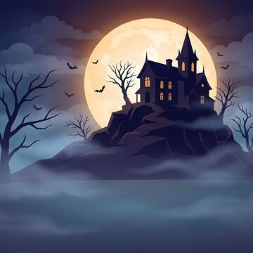 Mysterious haunted house on a rocky hill under a giant glowing full moon with spooky bare trees, flying bats, and creeping fog. Dark fantasy vector illustration for Halloween celebration design.
