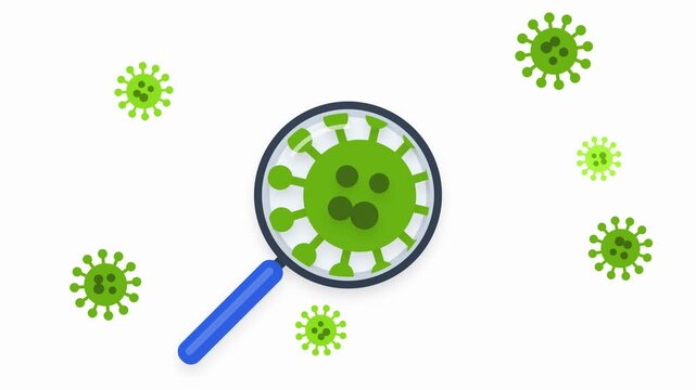 Scientific animation of a magnifying glass inspecting a cluster of green virus particles, symbolizing disease investigation and microbiology.
