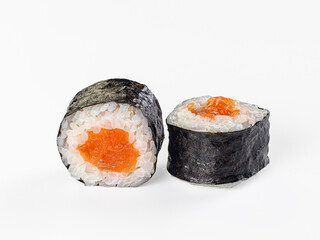Two fresh asian salmon maki sushi rolls from bistro menu isolated on white background © Andrei Starostin