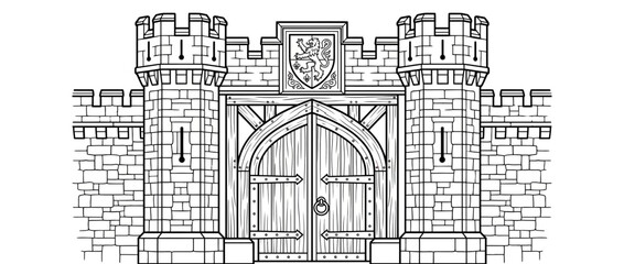 Medieval Castle Gatehouse Entrance with Towers and Shield © clara