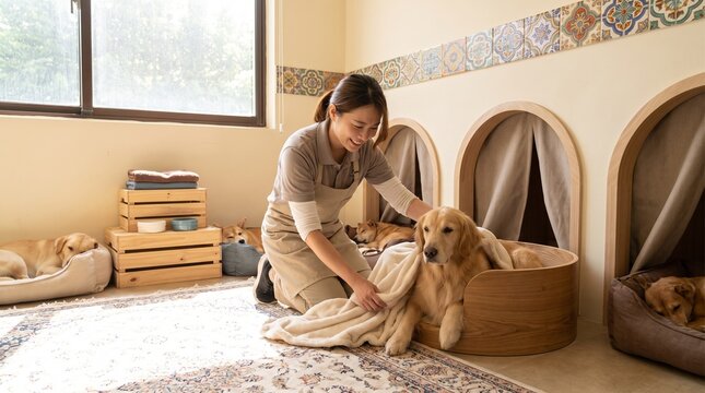 Friendly female caregiver tending and petting a cute Golden Retriever dog in a modern pet care hotel interior