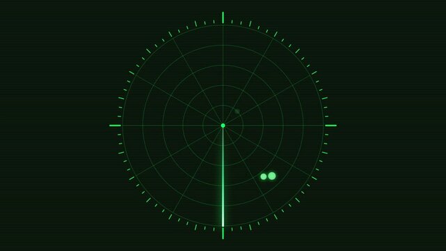Animated digital radar screen with a sweeping green beam detecting multiple targets, modern surveillance technology background.