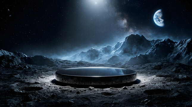 Futuristic product podium on alien moon surface with mountains and starry night sky