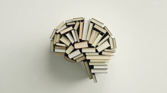 Creative brain shape composed of many old hardcover books arranged on a simple white background surface