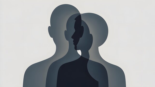 Overlapping human silhouettes reflecting complex psychological identity through dark semi transparent shapes on white minimalist background
