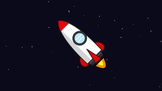 Animated flat design rocket soaring among stars in deep space, depicting space travel and future exploration.