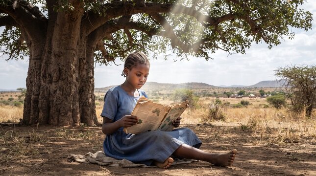 A Quiet Moment of Deep Concentration as a Young Girl Absorbs Knowledge from a Well-Worn Biology Textbook