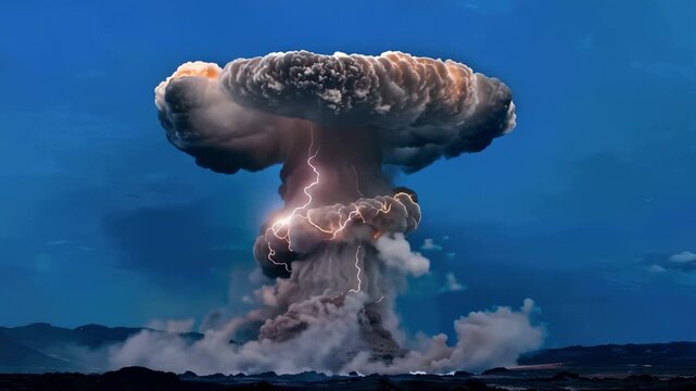 nuclear mushroom cloud rising in full formation against a deep blue sky, stem swirling with ash and debris, cap spreading laterally in a flat anvil shape