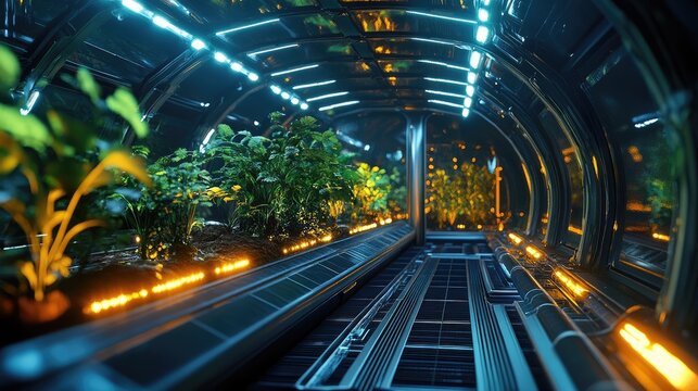 Futuristic biodome corridor illuminated with neon lights, showcasing advanced indoor gardening