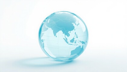 Fototapeta premium Transparent blue glass globe showing asia and australia continent map on white surface with earth globe world map planet earth glass sphere crystal globe earth day white background geography