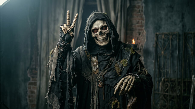 Hooded Halloween skeleton wearing a black robe and terrifying skull mask, posing against a dark studio background while making a peace sign with two fingers, grim reaper costume, skeletal face, spooky
