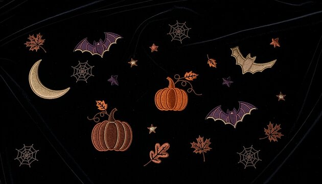 Luxury Embroidery Halloween Pattern with Stitched Pumpkins Bats and Crescent Moon