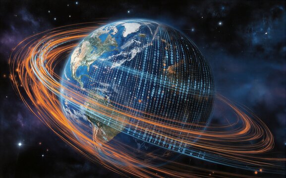 Earth surrounded by digital data streams and glowing orange rings in cosmic space.
