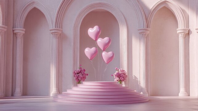 Romantic dreamscape with heart balloons, pink pastel tones, and architectural elegance evoking