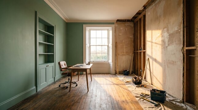 a home office room under interior renovation showing a finished green painted wall and an unfinished raw wood structure wall.