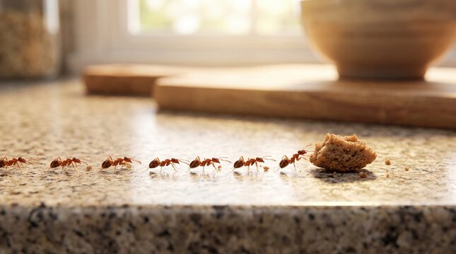 a trail of ants marching in a line carrying food crumbs on a kitchen countertop representing a pest problem.