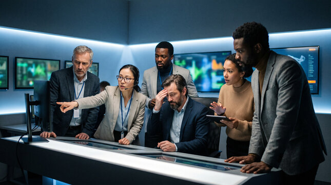 Diverse cybersecurity team responding to an incident in a control room
