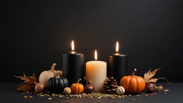 Autumn Halloween candles with pumpkins pine cone and dry leaves on a dark background with copy space