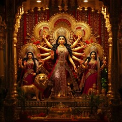 Fototapeta premium Goddess Durga idol with ten arms and lion during Durga Puja festival celebration