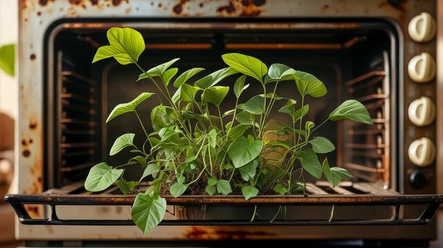 Eco friendly flora botanical house concept, green plant growing from oven in kitchen AI Generative