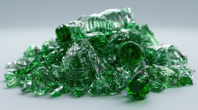 Bright green plastic fragments create a striking contrast in texture and color